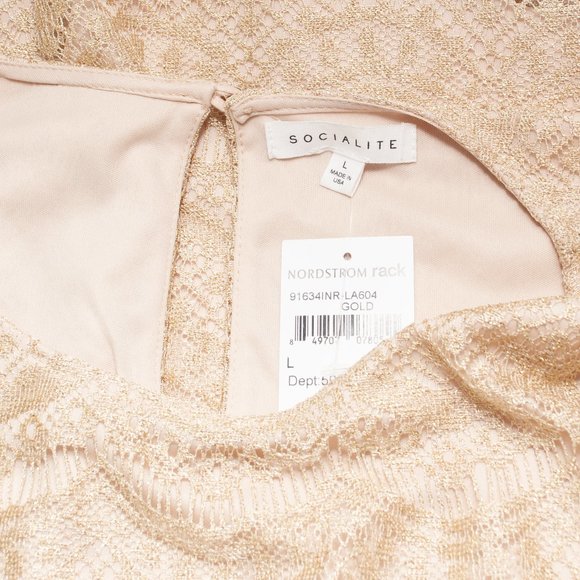 NEW Socialite Lace Overlay Dress Juniors Large L Gold Metallic Coquette CC07X - Picture 4 of 4